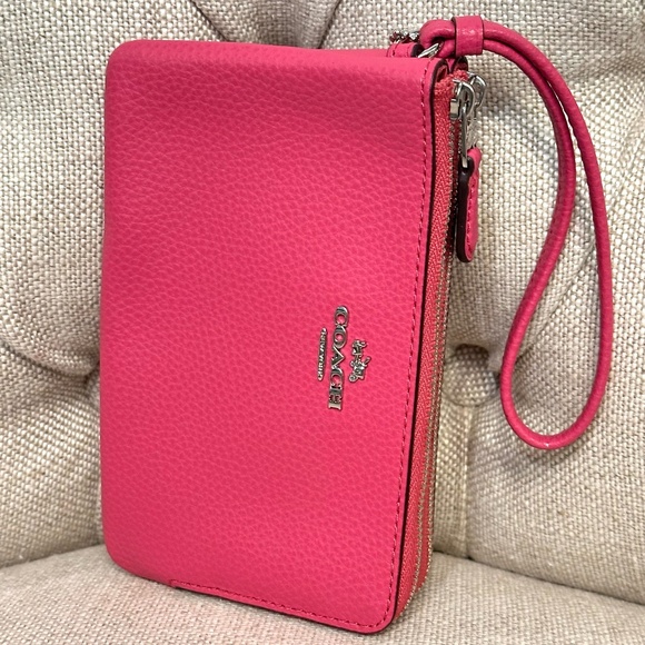 Coach Double Corner Zip Leather Wristlet F87590 Bright Fuchsia Pink Pre-Own - Picture 4 of 6